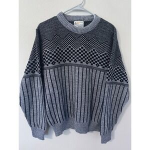 London Fog Knit Sweater Large Grey Excellent Vintage Geometric Striped USA Mens